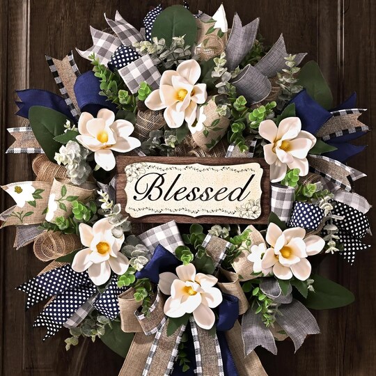 Greentek; 22 Inch Magnolia Wreath for Front Door, Artificial All Season Wreath with White Magnolia Flowers, Eucalyptus Leaves, Blue Gray Burlap Bow & Blessed Wooden Sign, Farmhouse Spring Summer Fall Door Wreath for Porch, Wall & Home Decor; Category:Wreaths; Image:1
